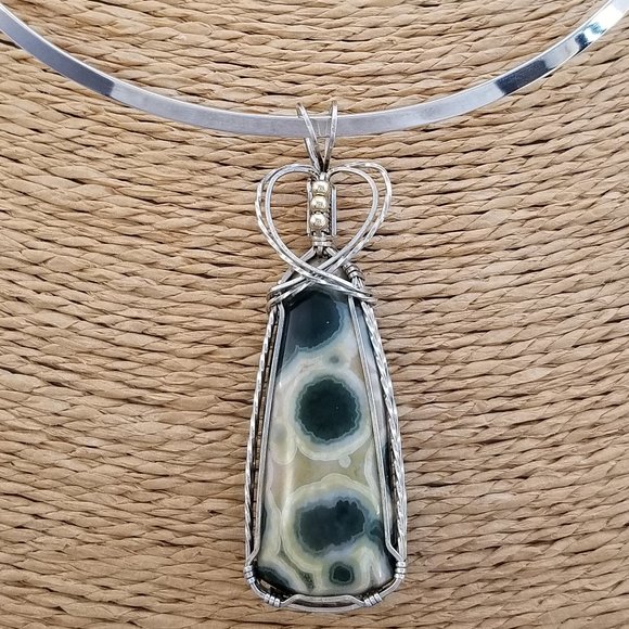 Wire Wrapped Kabamby Ocean Jasper Pendant * Silver wire wrap pendant * wwn15tb - Picture 1 of 13